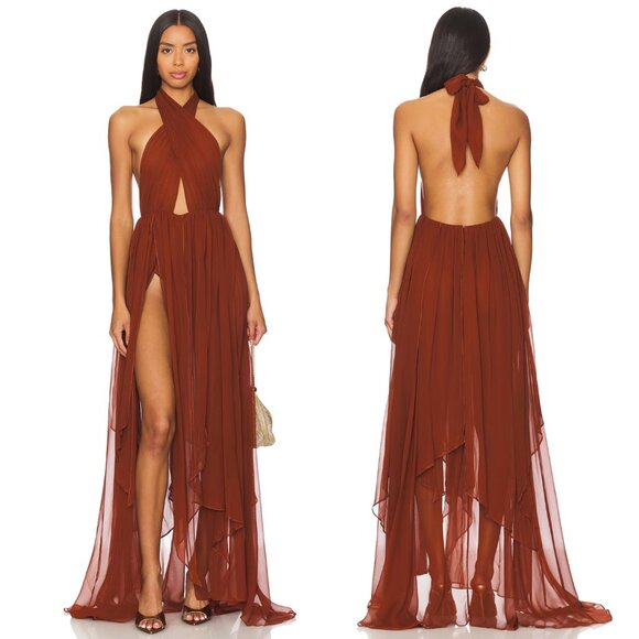 NEW retrofete Ina Maxi Dress Caramel Brown Backless Halter Formal Gown XS - Picture 1 of 2